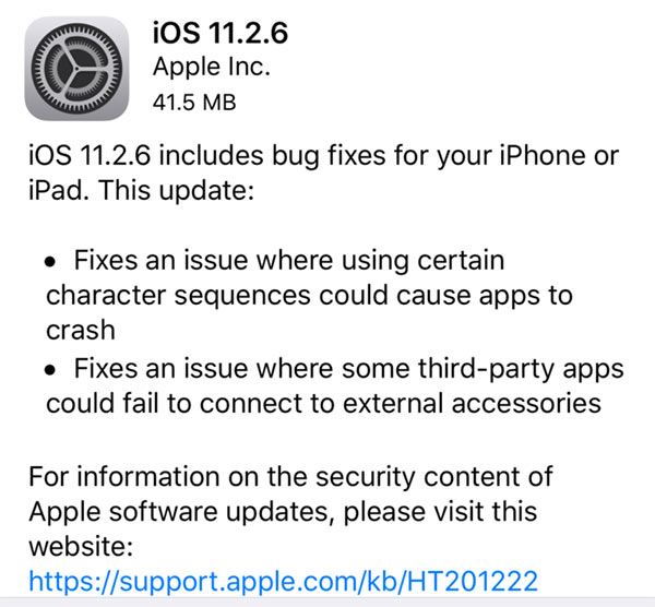 苹果发布iOS11.2.6，修复特殊字符导致的闪退问题
