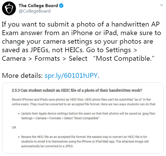 苹果HEIC照片格式导致部分加州高中生的大学入学考试不合格