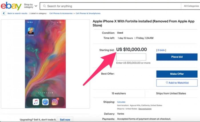已装堡垒之夜的iPhone在eBay上被炒至7万元