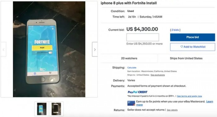 已装堡垒之夜的iPhone在eBay上被炒至7万元
