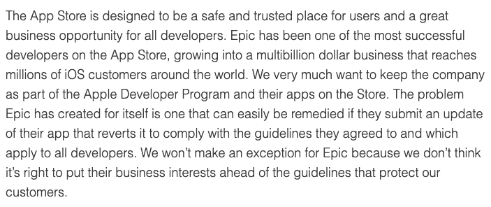 苹果发声明：问题由Epic一手造成 不会为它破例