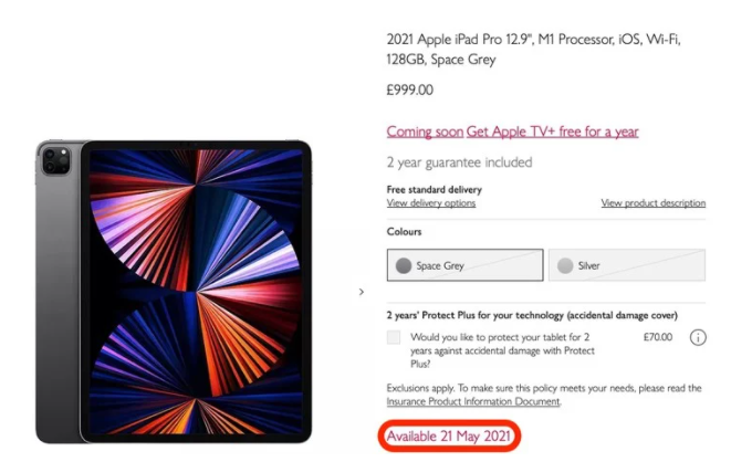 英国零售商John Lewis列出新款iPad Pro和iMac的发货日期为5月21日