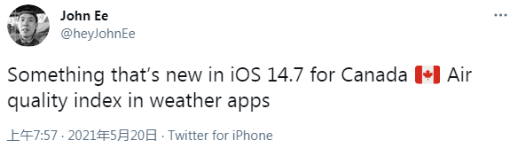 苹果更新iOS 14.7 Beta 将空气质量指数功能拓展到更多市场
