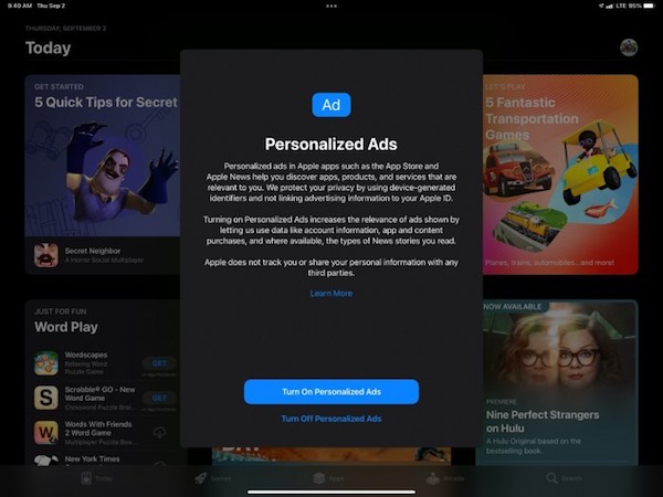 iOS 15现在会提示用户是否要启用苹果的个性化广告 之前是默认开启的
