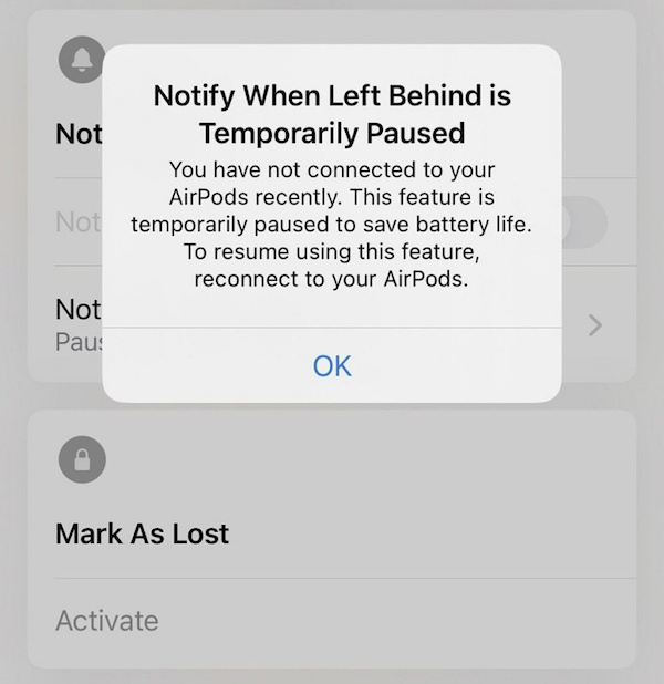 苹果AirPods一段时间未使用将自动暂停Find My分离警报功能