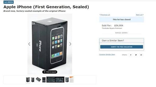 RR Auction 拍卖的初代未拆封 iPhone 成拍价为 54904 美元