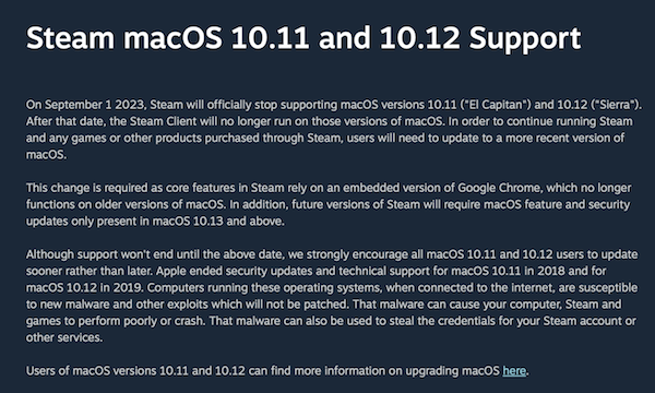Steam 今年 9 月将停止支持苹果 macOS 10.11/10.12 版本