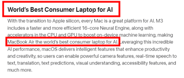 苹果宣称新款 MacBook Air 是“用于 AI 的全球最佳消费级笔记本电脑”